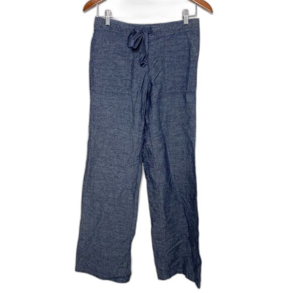 New York & Co Chambray Linen Pants Wide Leg Pull-On Drawstring Waist Blue XS - Picture 1 of 10